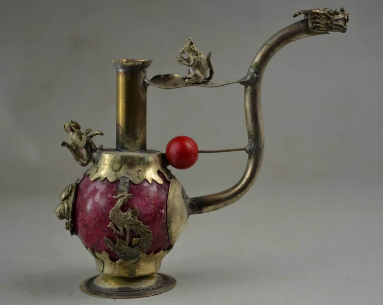 

Collectible Decorated Tibet Silver Work Redjade Dragon Phoenix Smoking Pipe 02 Free Shipping