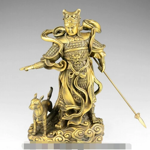 Китайский миф латунь медь защита 3 глаза Yang Jian God Erlang Warrior Dog статуя|statue|statue dogstatues gods