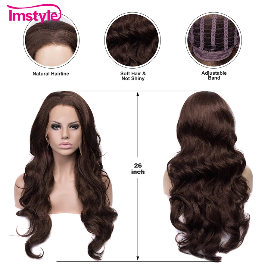 Imstyle, темно-коричневый синтетический парик на кружеве, длинные волнистые парики для женщин, термостойкие волокна, натуральные волосы, на каждый день, парик для косплея