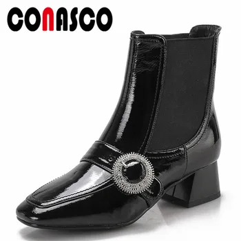 

CONASCO Classic Design Women Buckles Genuine Leather Ankle Boots High Heels Black Office Pumps Ladies Short Basic Boots