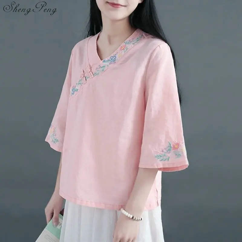 Льняная Китайская традиционная рубашка Ципао для Женский Чонсам стильная рубашка китайская Блузка для дам G174