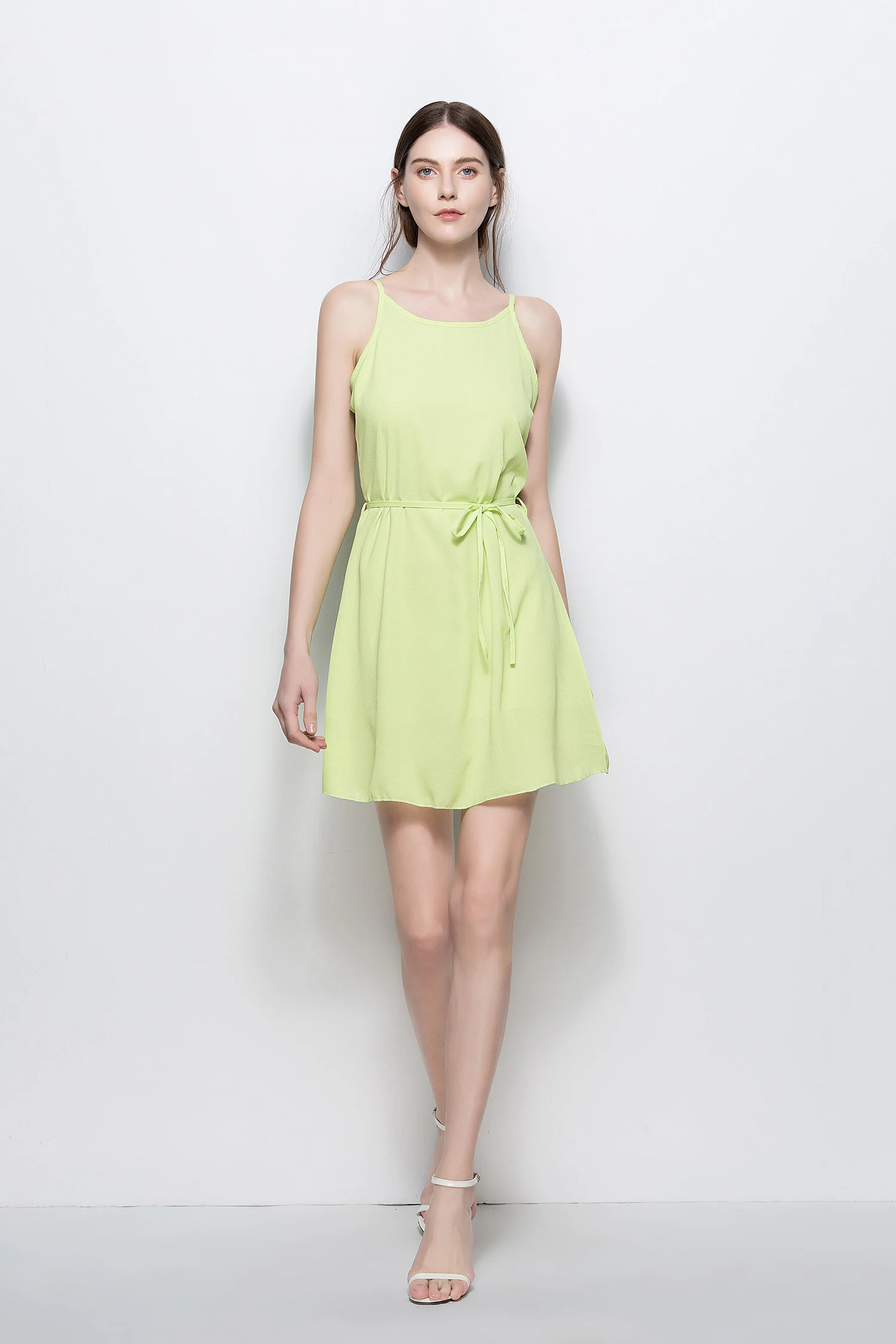 

2019 Summer Chiffon Women Dress Fashion Slim Spaghetti Strap Backless Dress Sexy Sashes Sleeveless A-line Dress