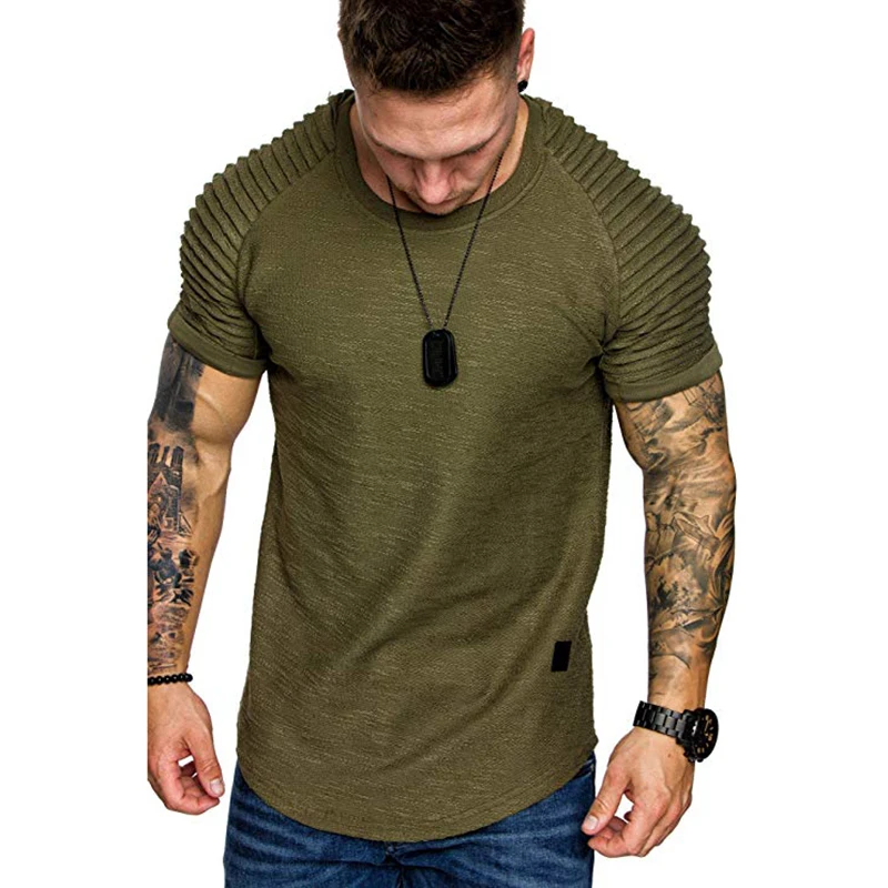 Мужская плиссированная Дизайнерская футболка с круглым вырезом и короткими рукавами, облегающая Мужская футболка с изогнутым подолом, облегающая футболка в стиле хип-хоп, уличная одежда