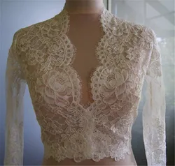 Modest Bridal Wraps Lace V Neck Sheath Wedding Bridal Bolero Long Sleeve Lace Applique Jacket Shawl Cape White Ivory