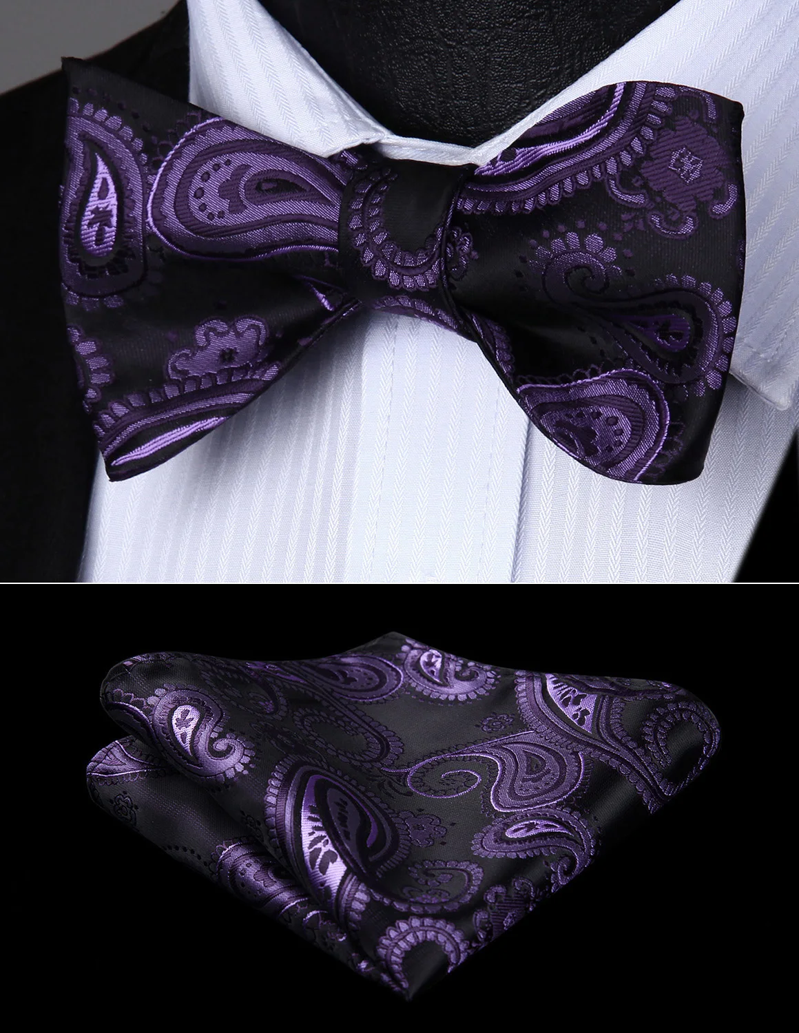 

BF427PS Purple Paisley Wedding Bowtie Men Silk Self Bow Tie handkerchief set