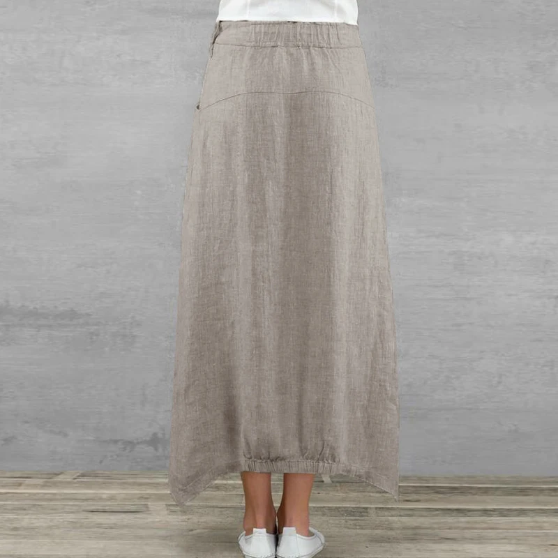 Лето, Женская длинная льняная юбка, повседневные свободные асимметричные юбки с карманами, Женская винтажная юбка макси размера плюс