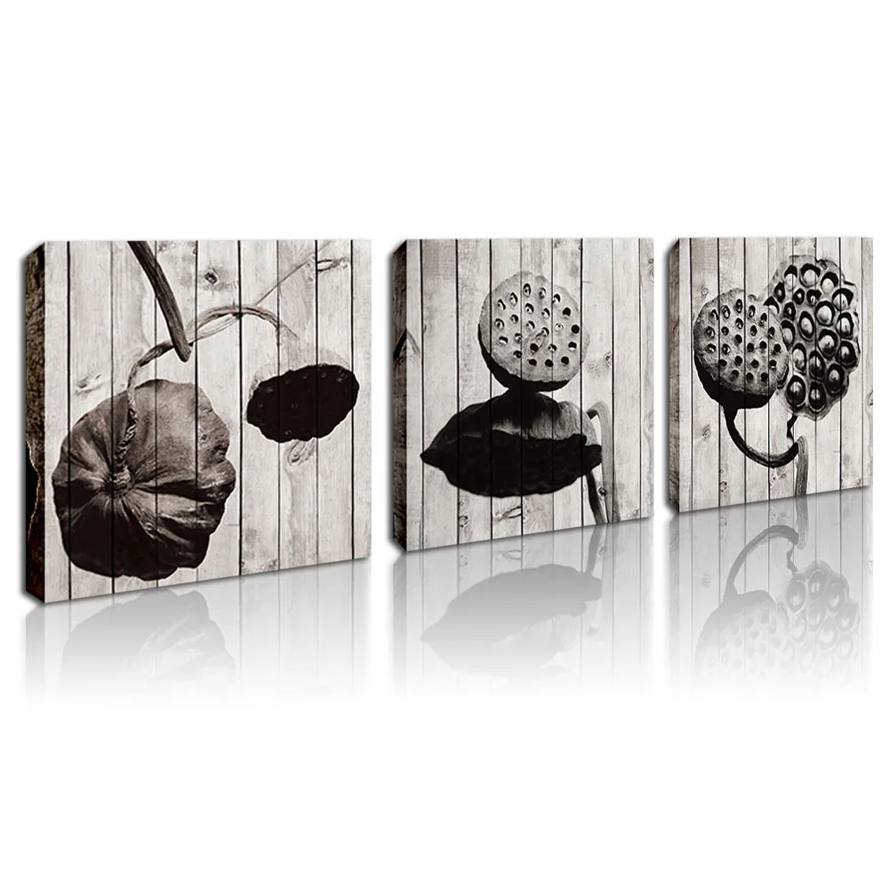 

Framed Flower Wall Art Canvas Paintings Wood Grain Lotus Seed Print Poster Chinese Calligraphy Spray Picture for Home 30X30CMX3P