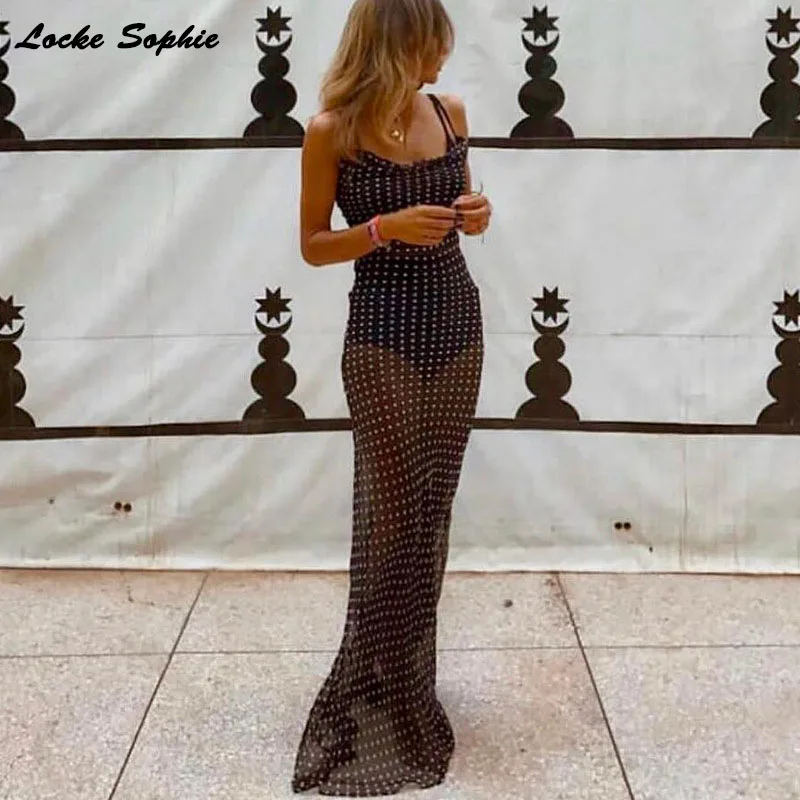 

1pcs High waist Ladies Sexy Camisole dresses 2019 Summer mesh cotton Splicing perspective long Dress women's Skinny Sexy Dress