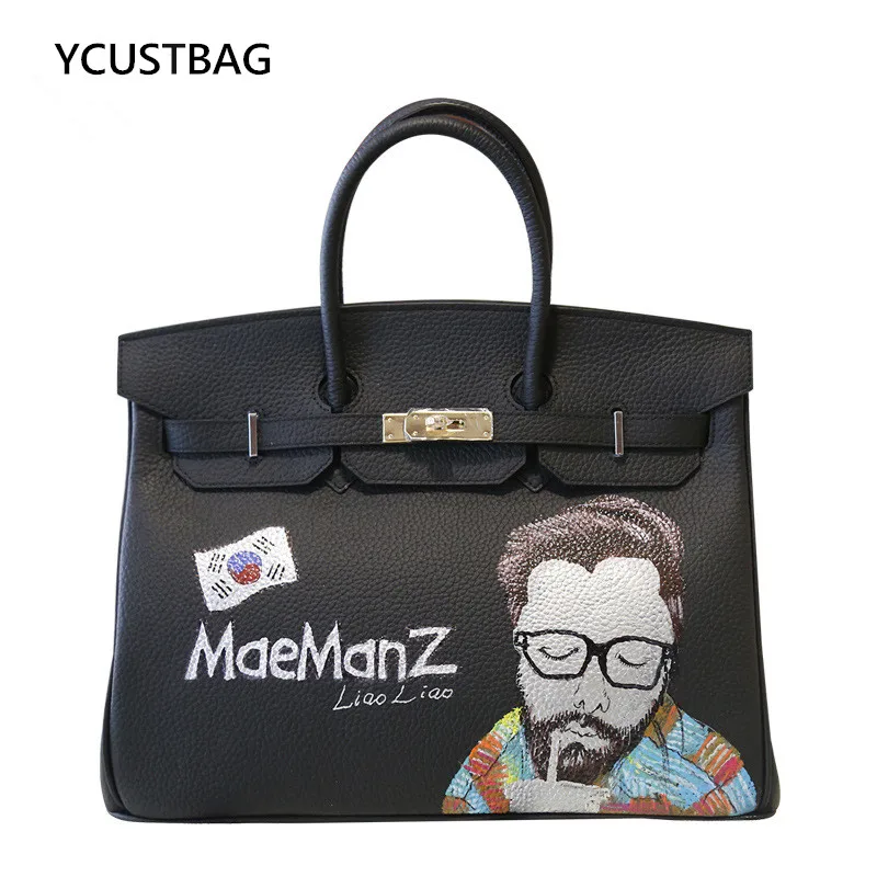 

2017 Korea Style hand-drawn graffiti platinum top-handle bags cowhide Leather bag portable female bag Graffiti bag