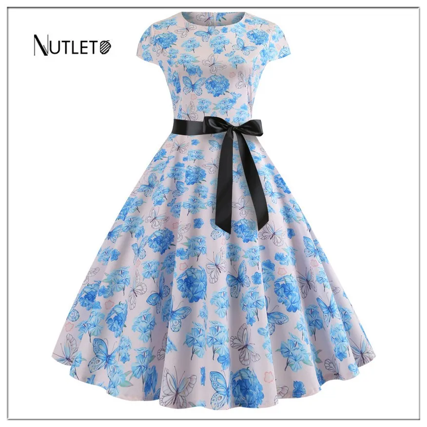 

Vintage dress women's 2019 summer flower print short-sleeved dress 50's 60's office party swing vintage elastic band XL