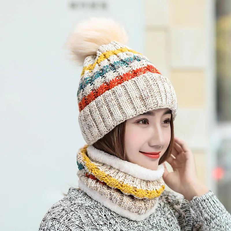 Женская шапка шарф набор женский зимний плюс бархатный теплый вязаный шапочки шарфы женские уличные вязаные повседневные шарф Набор крышек - Цвет: 5