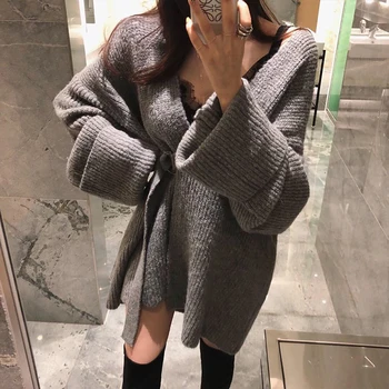 

2018 Cardigan Feminino Cotton Acrylic New Hot Women's Cardigan Sweater Sexy V-neck Side Buckle Loose Long Section Knitted Women