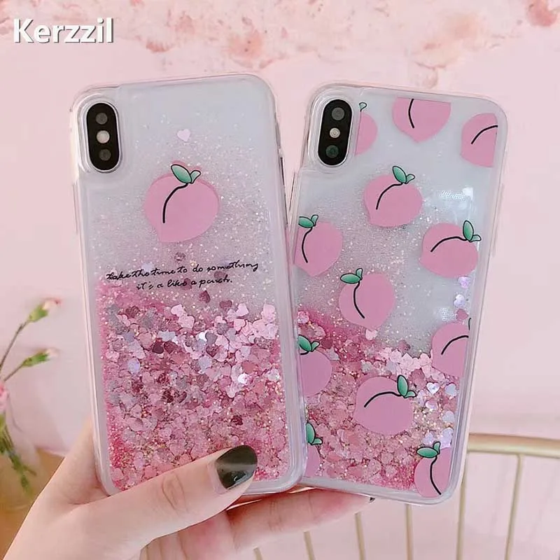 

Kerzzil Pink Love Heart Glitter Liquid Phone Case For iPhone X 8 7 Plus Case Cute Peach For iPhone 7 6 6S Plus Hard Back Cover