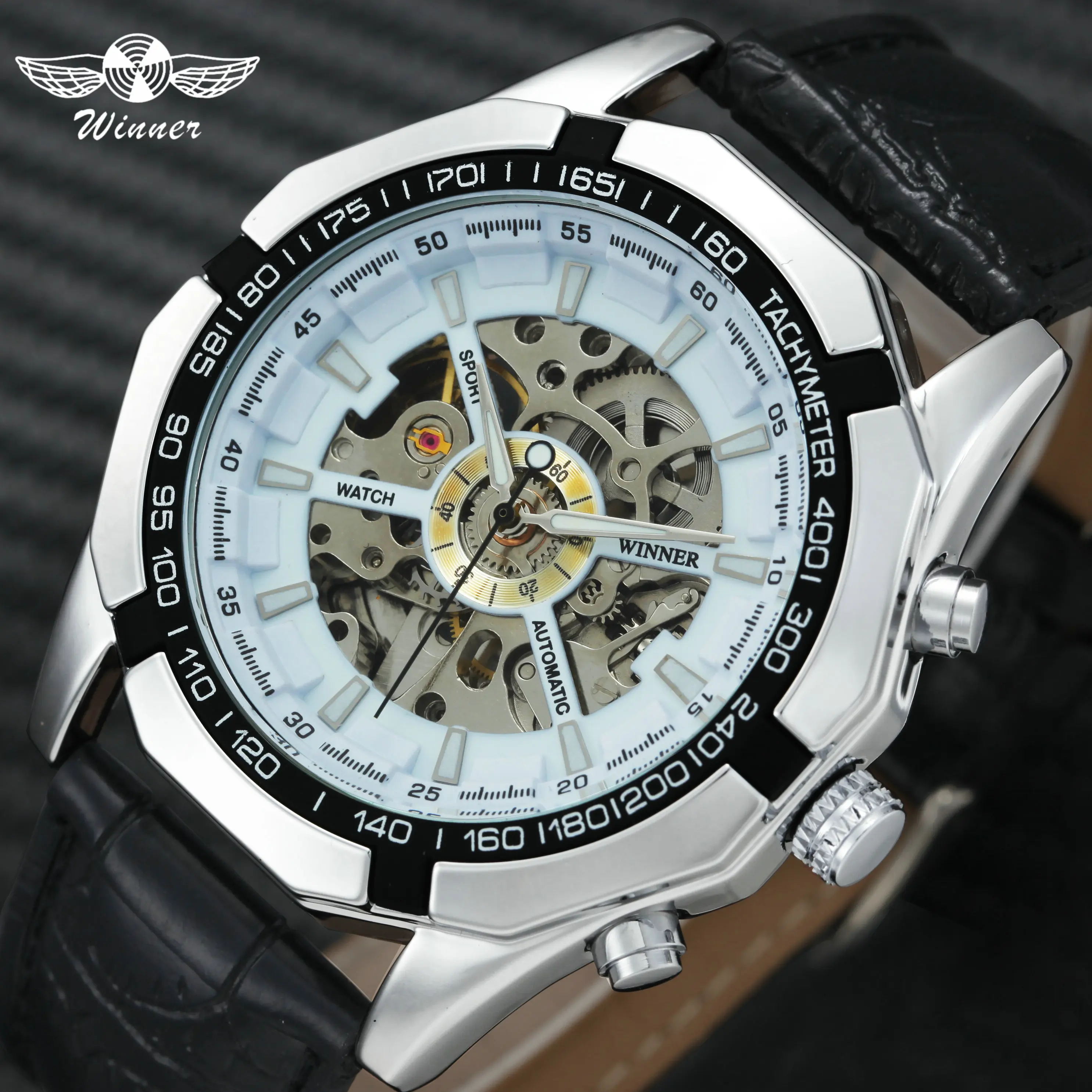 WINNER Fashion Classic Auto Mechanical Watch Men Leather Strap Skeleton