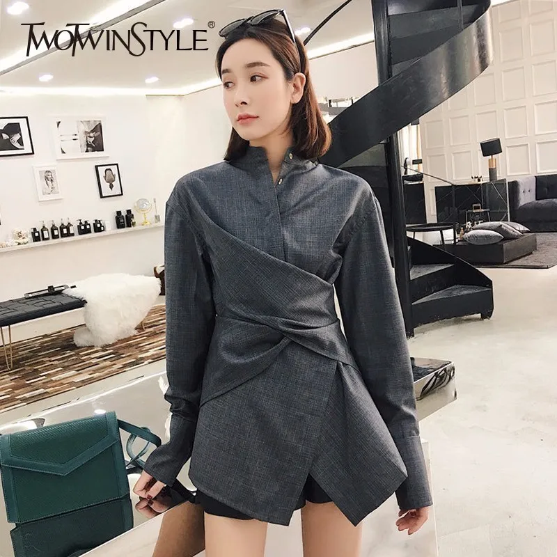 

TWOTWINSTYLE Irregular Women's Blouse Stand Collar Long Sleeve Cross Lace Up Shirt Summer Fashion OL Tops Female Clothing 2019