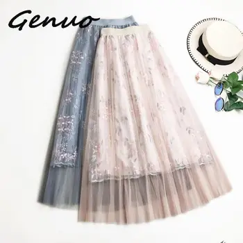 

high quality skirt Elegant floral embroidery Multi-layer mesh pleated skirt women tutu skirt High Waist midi long Skirt Female