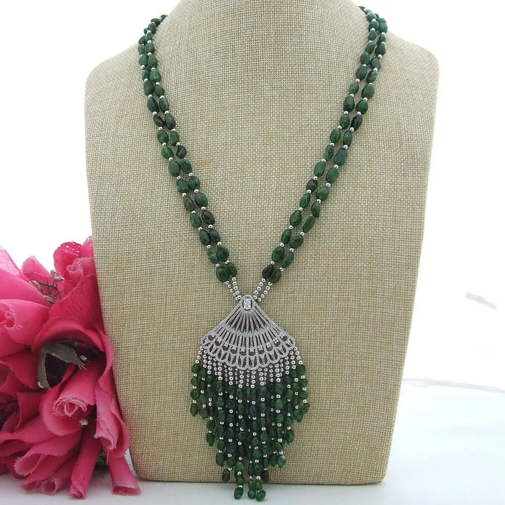 

FC061002 2 Strands Natural Diospside Necklace CZ Pendant 23"- 24