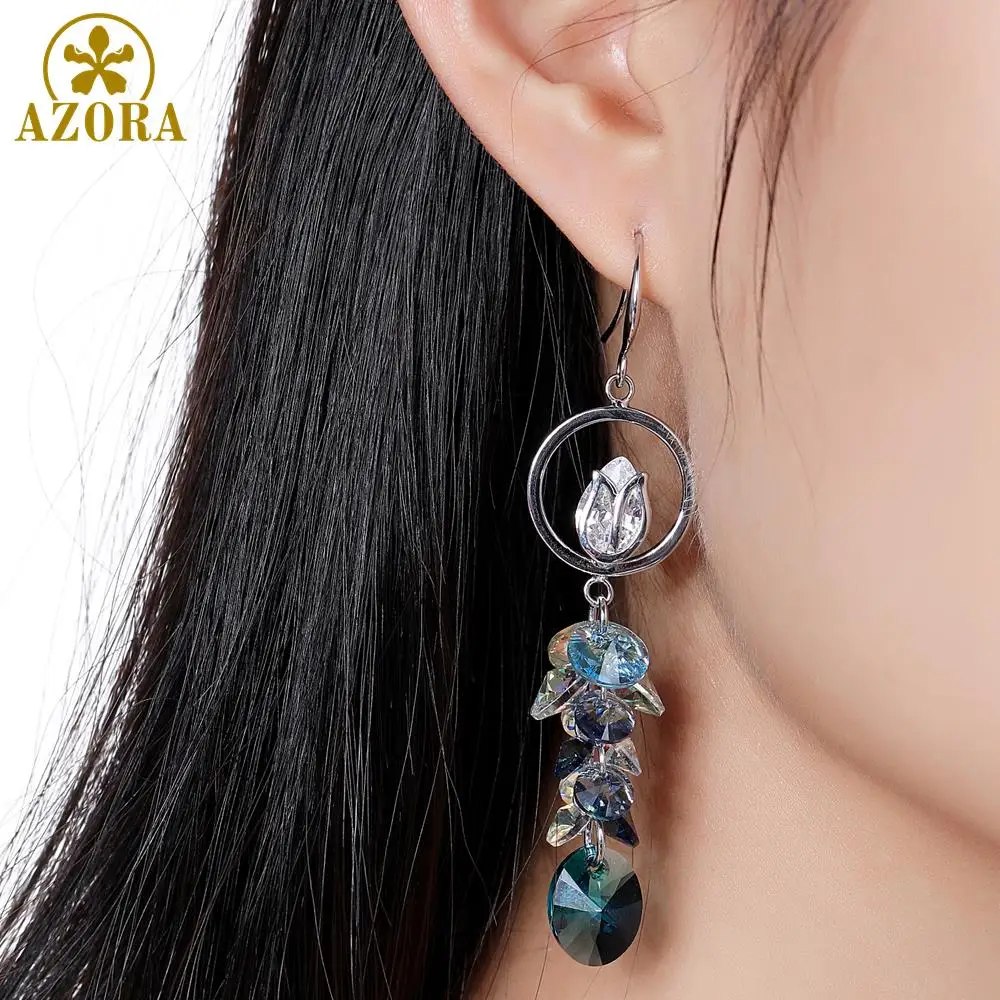 AZORA Fashion Tear Drop Multicolor Austrian Crystals Long Drop Earrings for Women Bridal Female New Design Lotus Jewelry TE0333