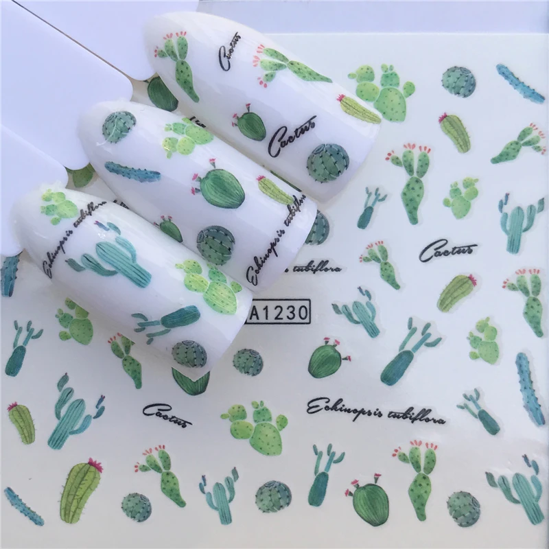 

YWK 1 Sheet Green Plants & Blue Flower/Triangle Summer Image Nail Decals Art Colorful Full Wraps for Nail Sticker Water Tips