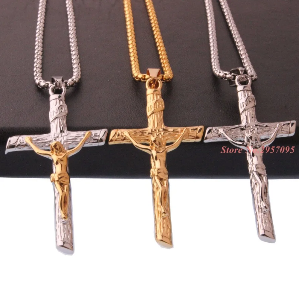 Многоцветный Крест Христос Подвеска с Иисусом ожерелье из нержавеющей стали звено коробка цепи модные мужские ювелирные изделия подарок 2" 3 мм