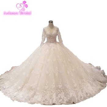 

High-end Custom Made Beautifull Lace Crystals Beads Wedding Dress 2019 Long Train Ball Gown Wedding Dresses Vestido De Noiva