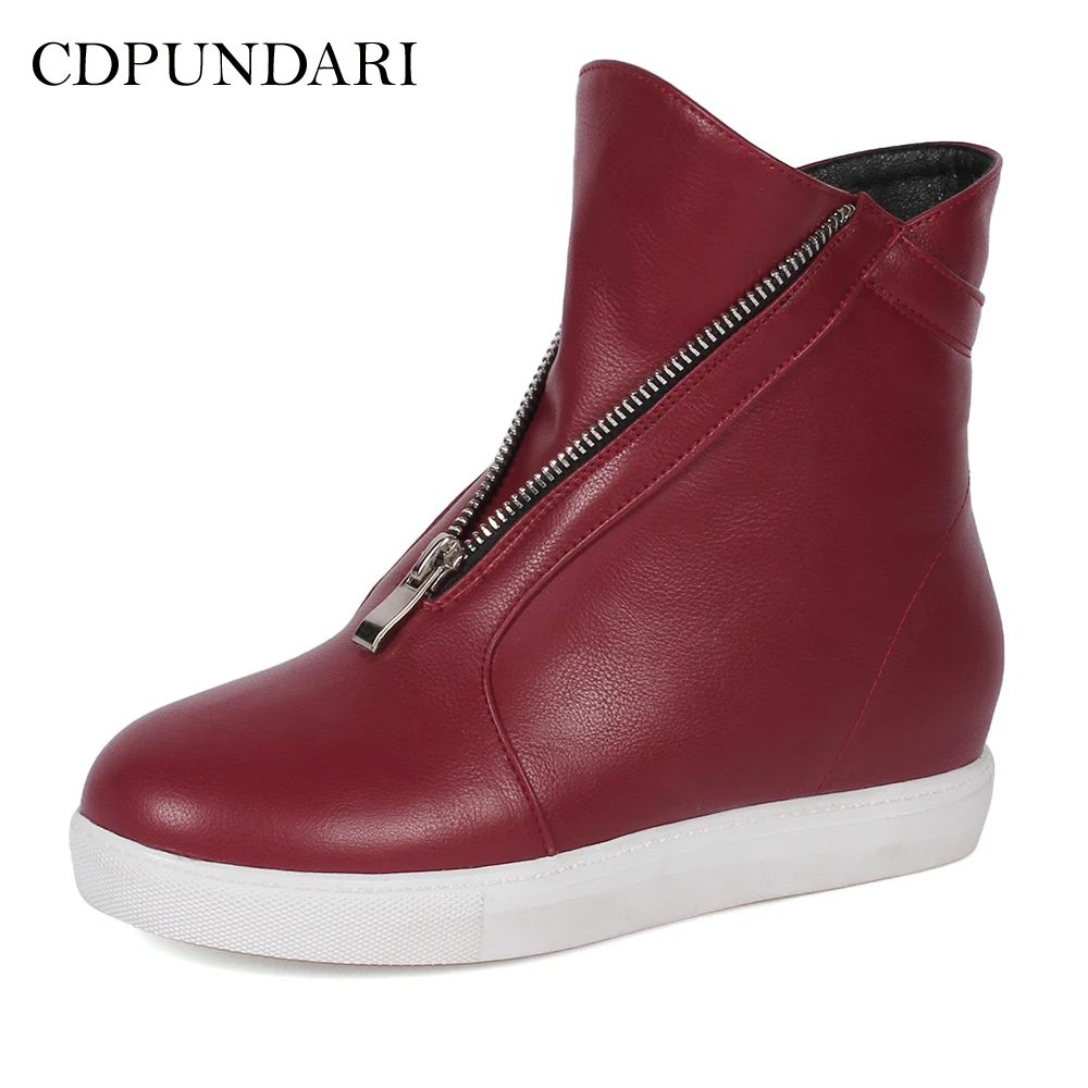 

CDPUNDARI Round Toe PU Ankle boots For women Platform Wedges Ladies Winter shoes woman black red white