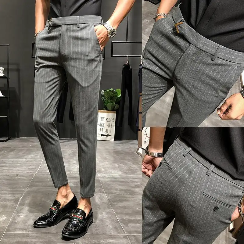 28-36 Мужские модельные Брюки Slim Fit уличная полосатая тренировка штаны по лодыжку мужские модные летние офисные брюки мужские обтягивающие брюки