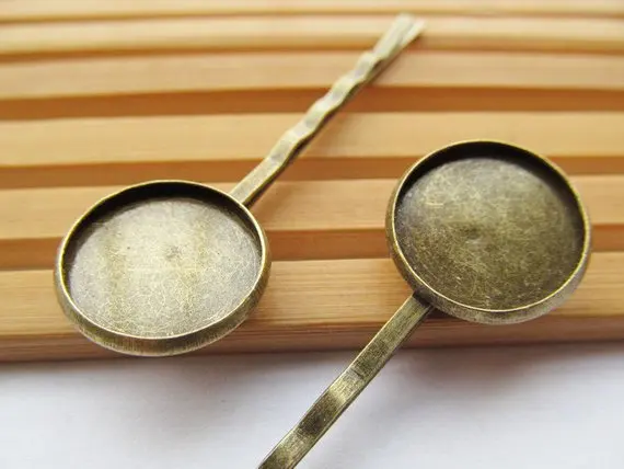 100pcs 18mmx60mm Vintage Antique Bronze Blank Bobby Hair Pin Clip,Round Base Setting,Pendant Charm,fit 16mm Cabochon/Cameo