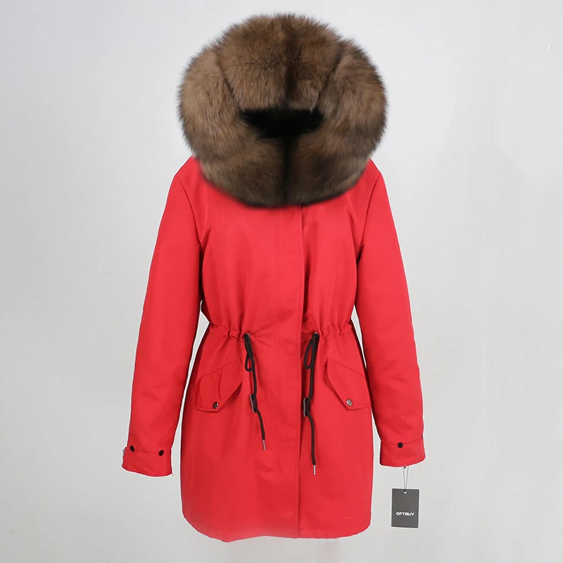 OFTBUY, зимняя женская куртка, пальто из натурального меха, длинная парка, воротник из натурального меха енота, капюшон, водонепроницаемая верхняя одежда, теплая уличная одежда - Цвет: red brown