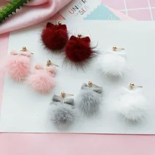 Дизайн корейский стиль кролик мех мяч милые серьги-гвоздики пушистые Pom Bowknot Серьги для женщин девушки ювелирные изделия