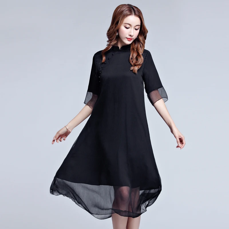 Black Dress Silk Chiffon Plus Size large for Women High Quality 2019 Summer Elegant Vintage Solid C