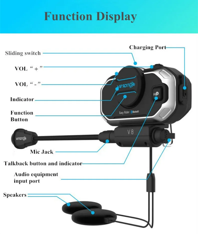 Motorcycle Helmet Bluetooth Headset Vimoto V8 850mAh Multi-function BT Interphone Motorbike Stereo Headphones for Two Way Radios (6)