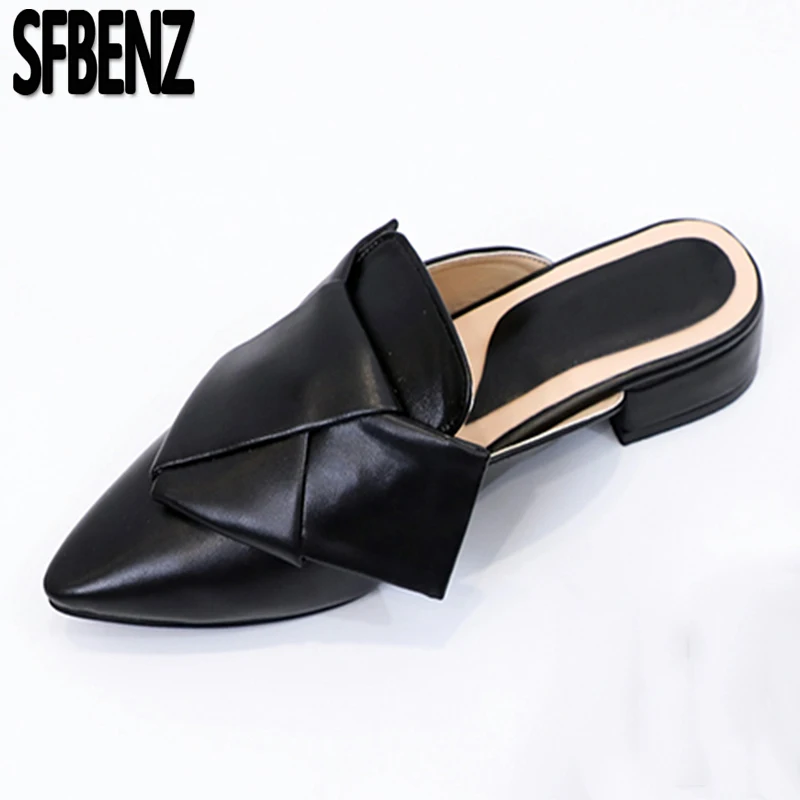 

Plus Size 35-43 Nouvea Slippers New 2019 Women Summer Mules Bowtie Pu Leather Outside Modis Med Heel Shoes Chaussure Femme Teen
