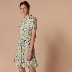 Леди элегантный Шелковый цветок платье с принтом для девочек 2018 сезон весна-лето новые модные тягучий кромки с коротким рукавом талии