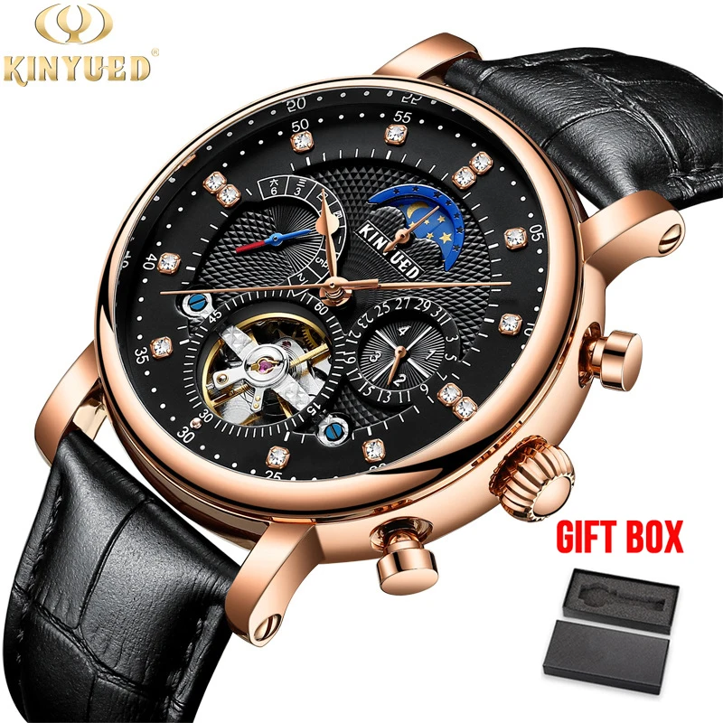 الرجال الفاخرة أزياء العلامة التجارية KINYUED التلقائي الهيكل العظمي توربيون ساعات آلية الأعمال جلد طبيعي تاريخ أسبوع الذكور ساعة