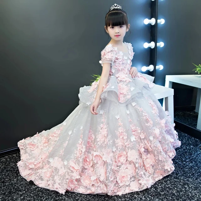Vestidos de fiesta para niñas elegantes 2017 verano manga corta flor cola larga princesa vestido de niña niños vestidos de cumpleaños de boda