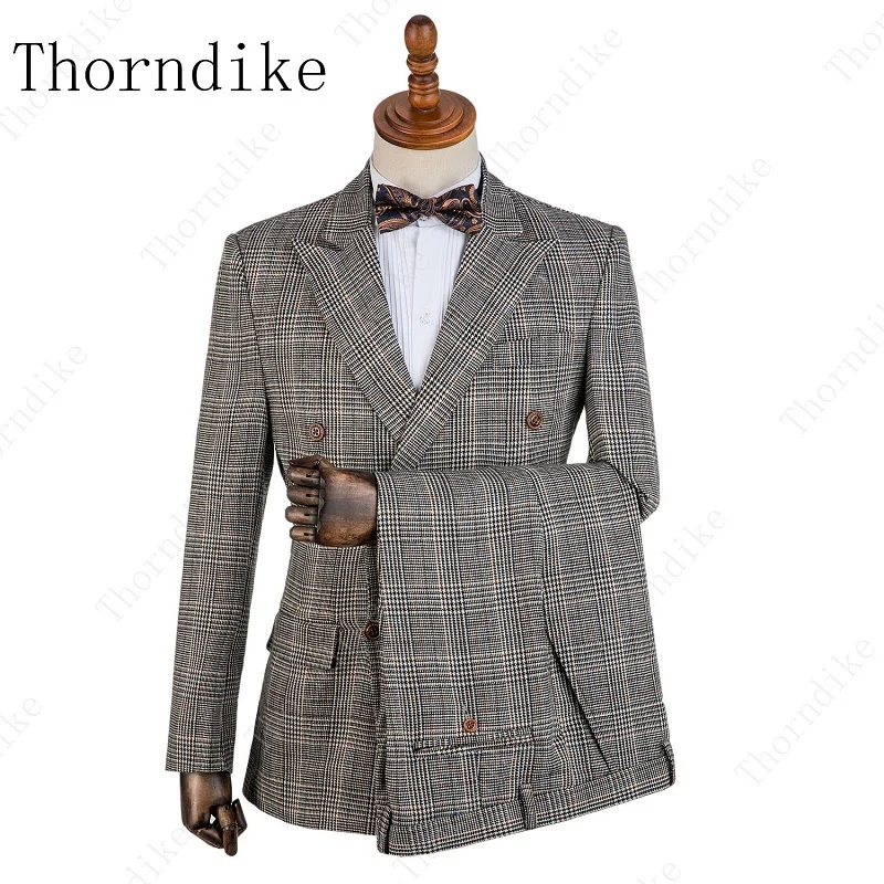 

2019 Men Suit 2 Pieces Double Breasted Suits Grey Plaid Striped Tuxedo Wedding Suits for Men Slim Fit tuxedos (Jacket+Pants)