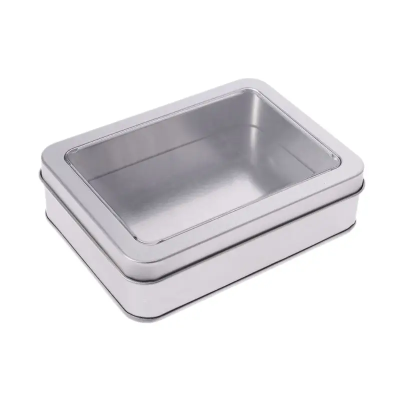 

Rectangular Clear Window Top Metal Tin Can Box Silver Storage Case Crafts Survival Kit For Money Coin Candy Keys Small Items
