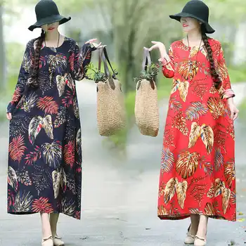 

New Autumn and Winter Traditional Easy Long sleeves Cotton and Linen Woman National Wind Costume Printing Dress NY1881870