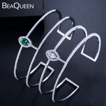 

BeaQueen Luxury Jewelry Brand CZ Zirconia Crystal Paved Setting Green White Round Cuff Bracelets Bangles for Fashion Women B165