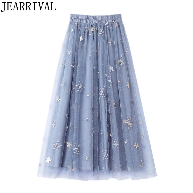

Fashion Midi Skirts Womens 2018 New Summer Style Elastic High Quality Embroidery Layered Ball Gown Tulle Skirt Saia Faldas Mujer