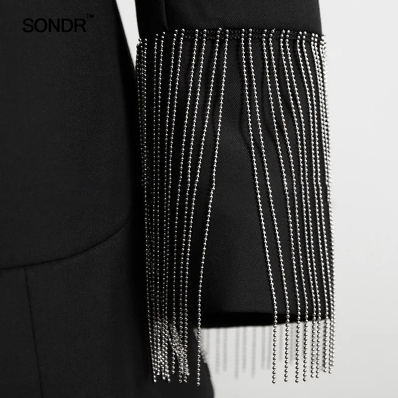 SONDR Heavy Chains Tassel Coats Female Long Sleeve Single Button Backless Irregular Overcoat Women 2019 Spring