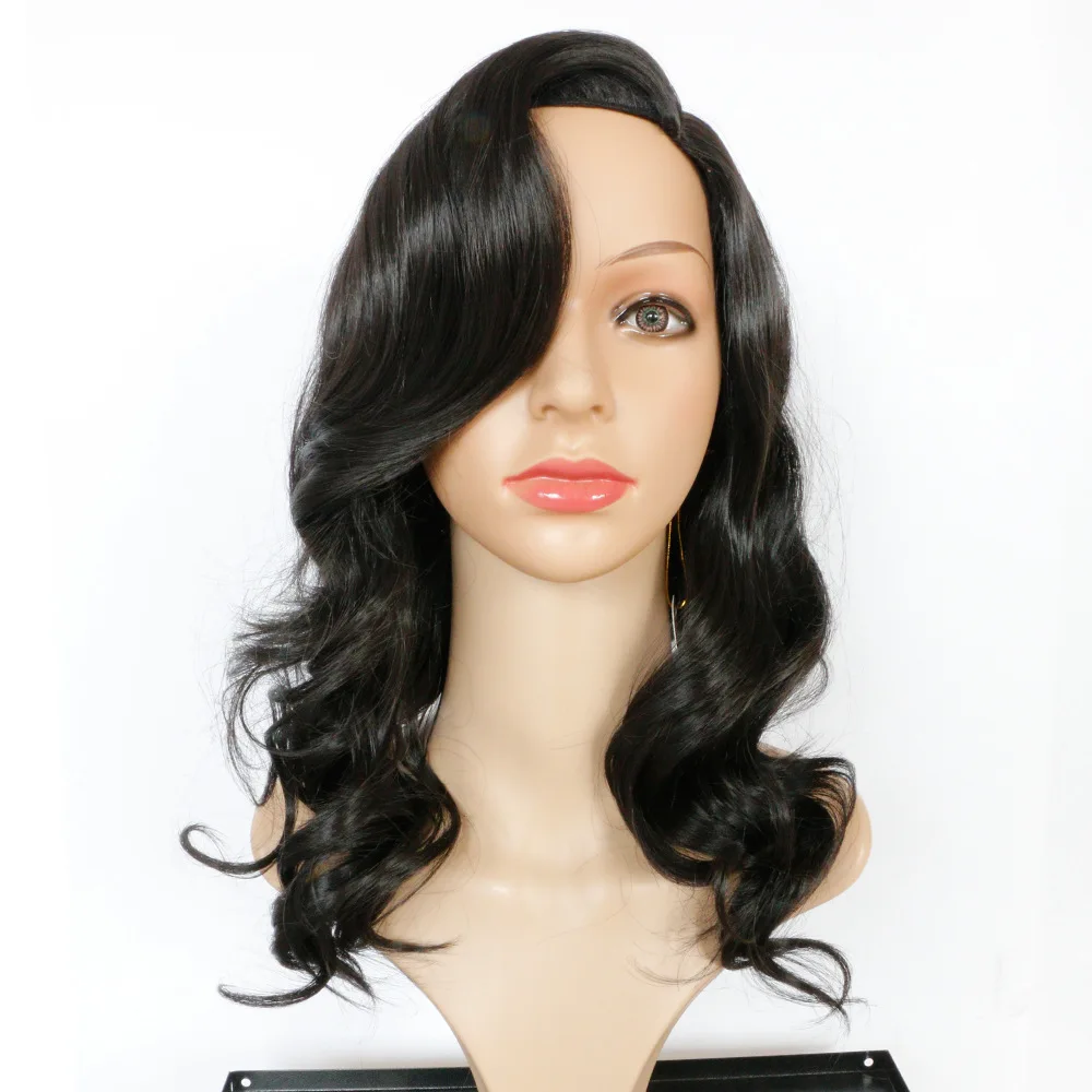 Soloowigs Body Wave Black Inclined Bangs Synthetic Hairpieces High Temperature Fiber Puffy Medium Length Full Lace Wigs body-wave : image Soloowigs Body Wave Black Inclined Bangs Synthetic Hairpieces High Temperature Fiber Puffy Medium Length Full Lace Wigs body-wave