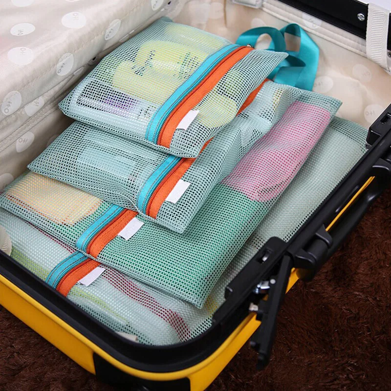 4 Pcs/Set Mesh Travel Organizer Set Bag Clothes Storage Bag Travel Shoe Bag Luggage Zipper ...