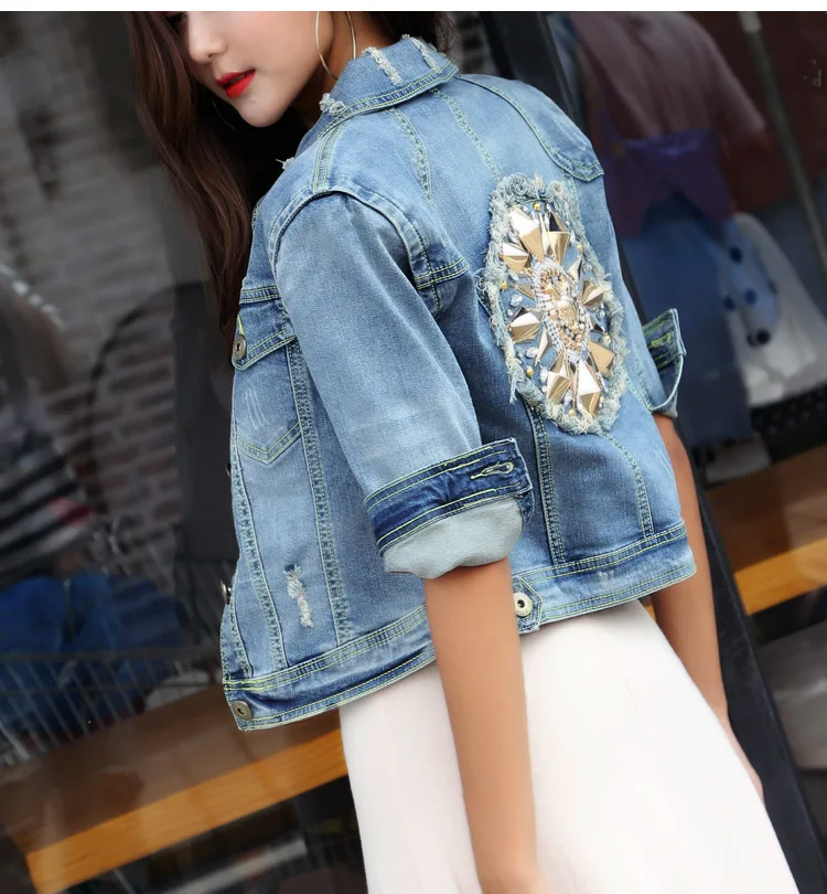 Manteau Luxe Paillette Piste Femmes Bleu Streewear Perles Et Automne Denim 2018 De Veste Qualité Haute Printemps Y7g6vfby