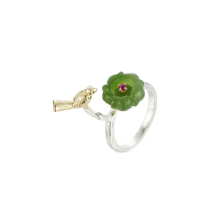 

RADHORSE 925 Silver Rings for Women Fine Jewelry Little bird Jasper Plum blossom Modeling Sterling Silver Adjustable Ring