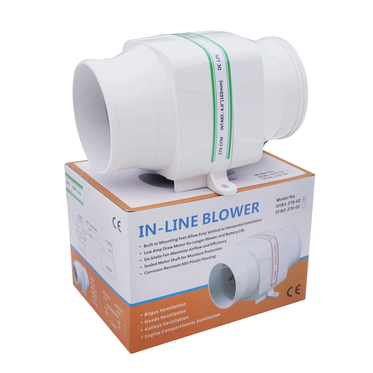 ECO DC fan 4" In Line Marine Bilge Air Blower 12V 6Amp 270 CFM Quiet