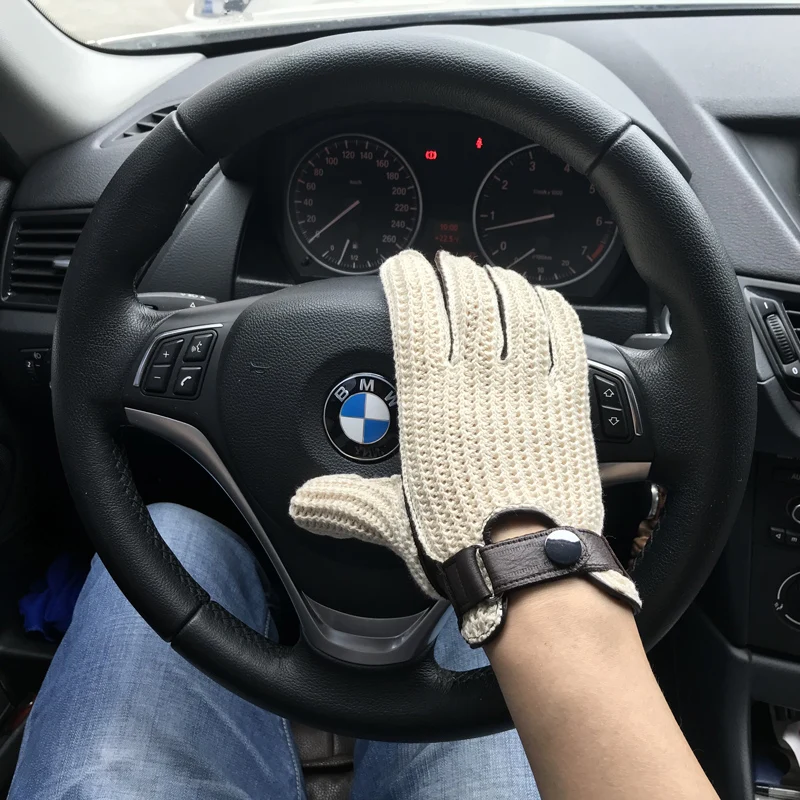 Mens Goatskin Leather Gloves Back Knitted Gloves Lambskin NEW Unlined Non-Slip Motorcycle Driving Gloves Male Leather Mittens