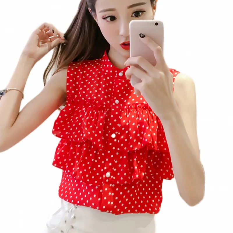 

Ruffle Tied Neck Bow Polka Dot Blouse Women Stand Collar Sleeveless Sexy Top 2018 Summer Sheer Night Out Blouse