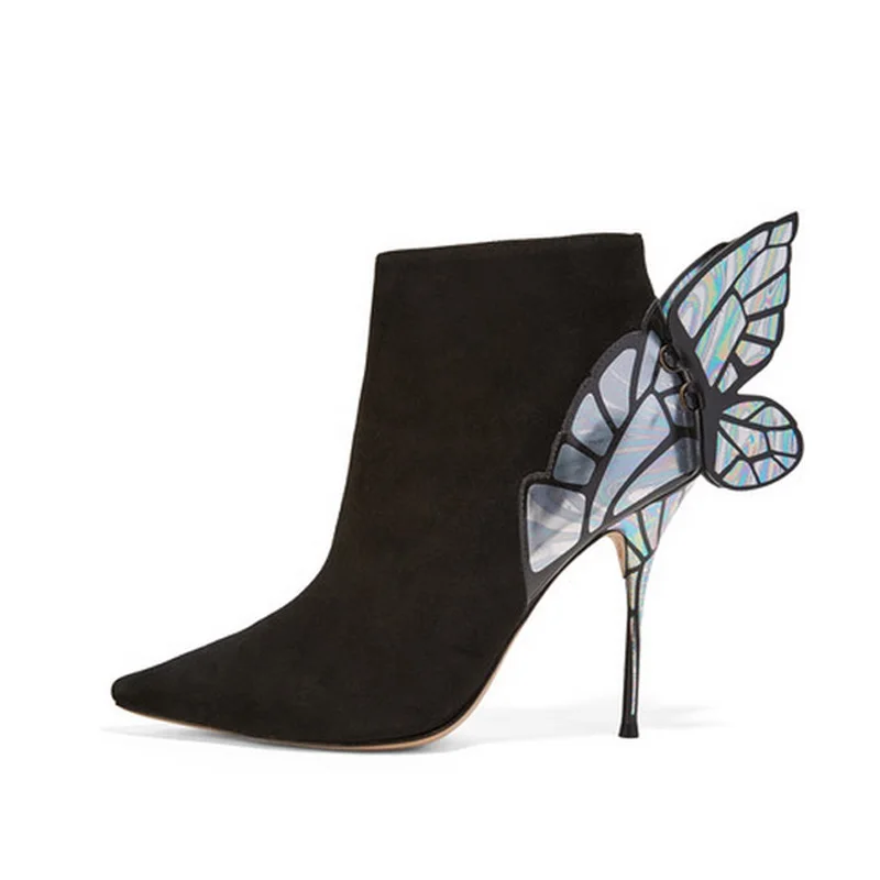 

Fashion Butterfly Decor Woman Black Flock Ankle Boots Sexy Pointed Toe Thin High Heels Botas For Woman Size Zipper Shoes